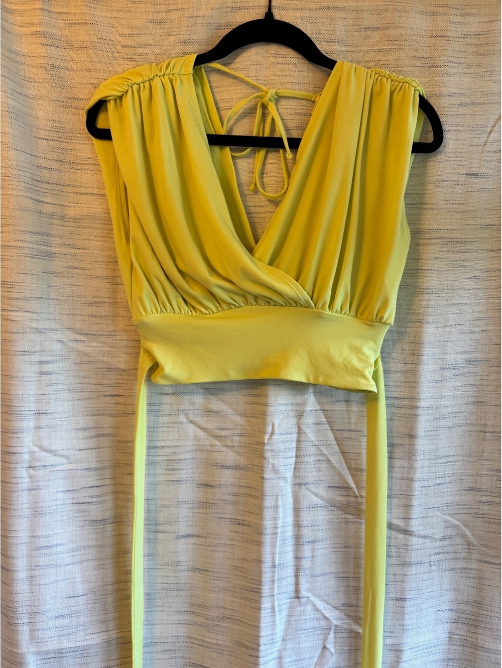 Express Yellow Sleeveless Wrap Crop Top with Tie Back
